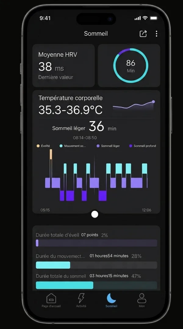 Application NØBLE — écran sommeil avec cycles colorés et score d'efficacité