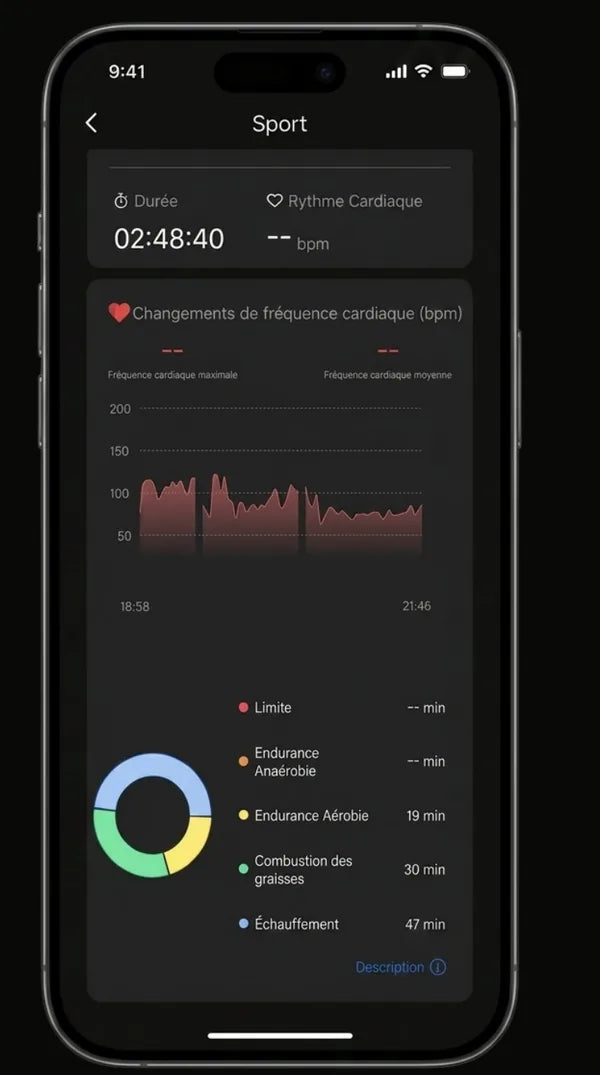 Application NØBLE — écran sport avec courbe cardiaque et zones d'effort