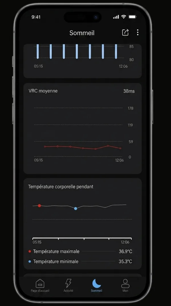 Application NØBLE — écran activité avec données quotidiennes et récupération