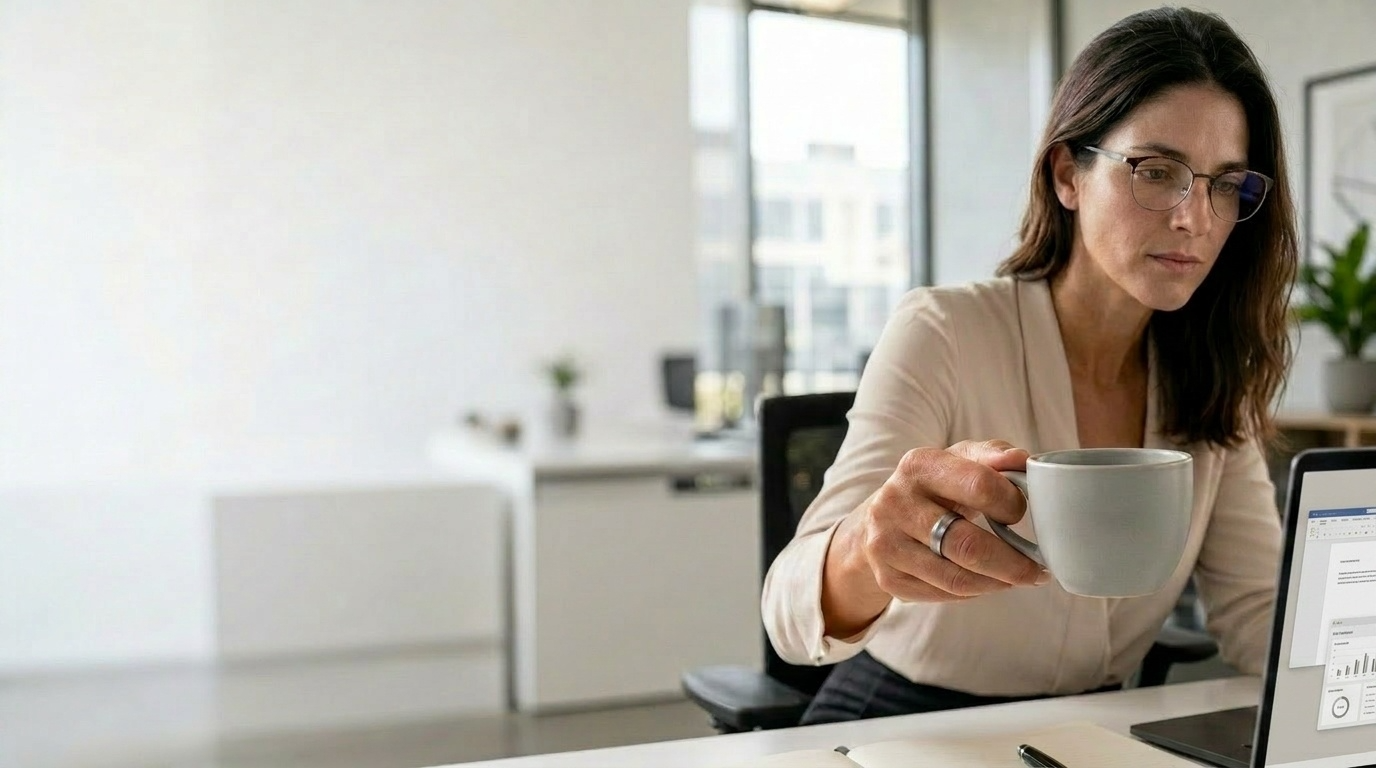 Femme au bureau avec tasse à la main, concentrée, bague connectée santé NØBLE au doigt
