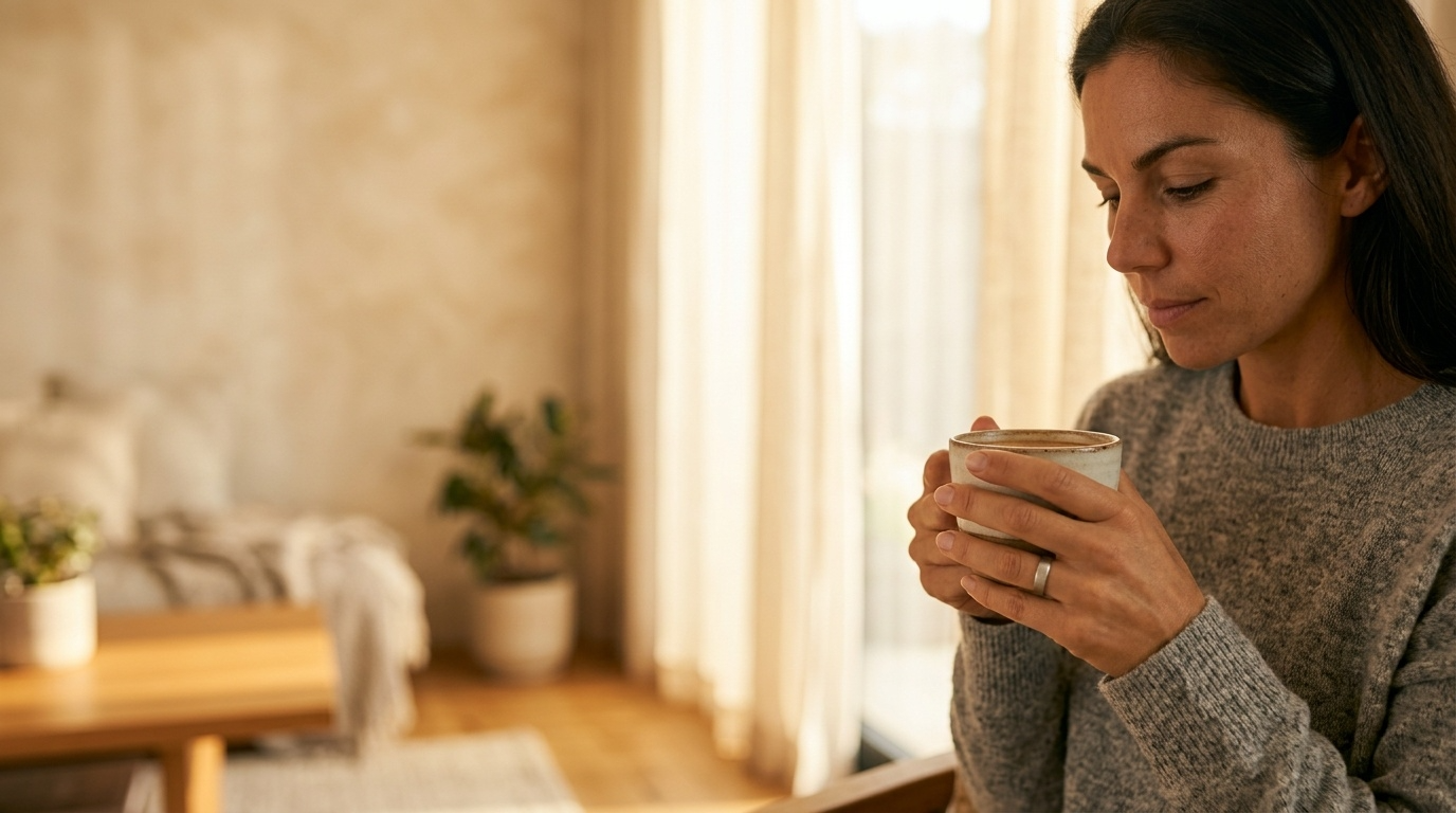 Femme tenant une tasse de café, sereine, bague connectée santé NØBLE au doigt