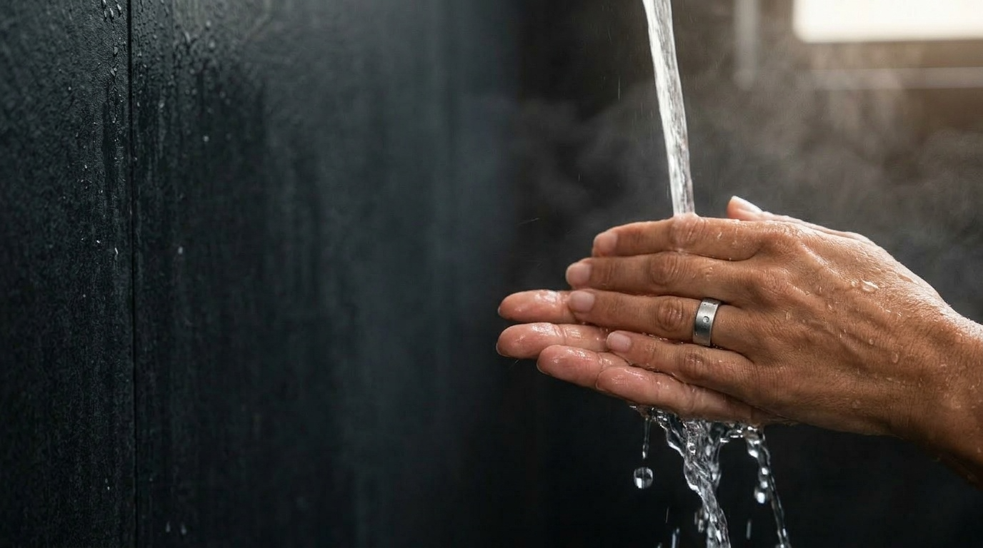 Mains sous la douche avec NØBLE au doigt, eau qui coule, lumière naturelle