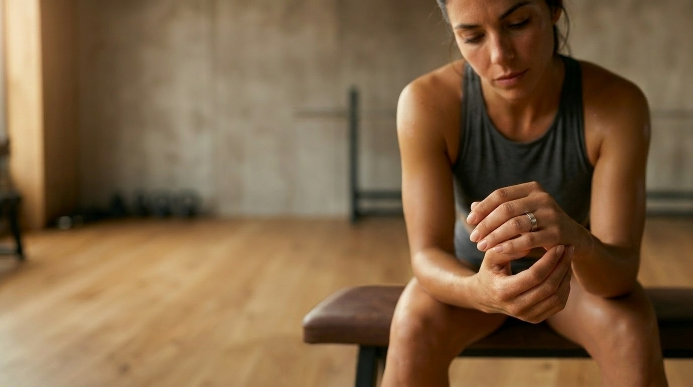 Femme assise sur un banc de gym après l'effort, bague connectée santé NØBLE au doigt
